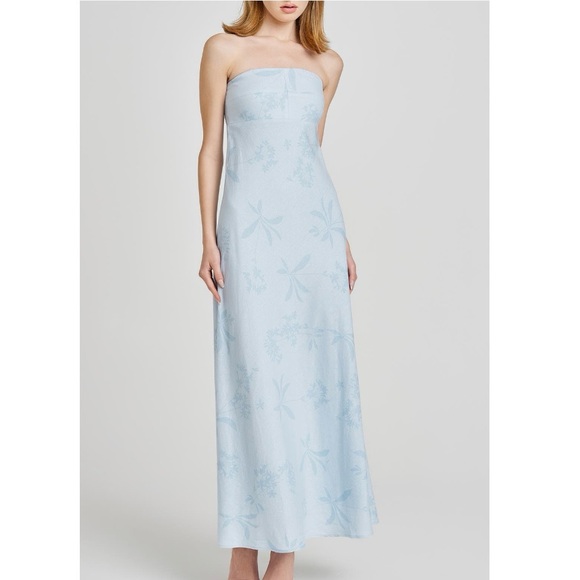 NWT WAYF Floral Jacquard Strapless Maxi Dress Blue Linen Blend Size S - Picture 1 of 6